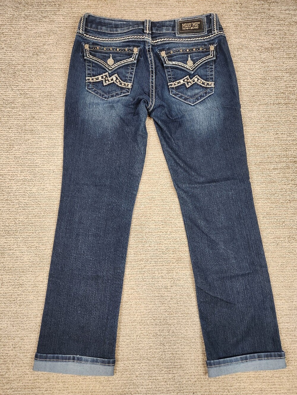 Miss Me Bling Straight Jeans Women 29x31 Rhinestone Thick Stitch Dark Blue Denim